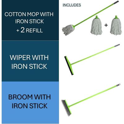 Clean & Care Cleaning Set for Home kitchen Broom Wiper Mop with Stick and Two Refill Easy to Clean Removable (Assorted Color)