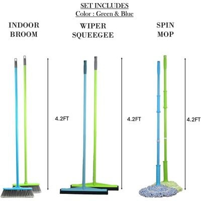 Clean & Care Cleaning Set Combo Indoor Broom Wiper Squeegee Spin Mop All with Iron Stick Long Handle for Home Kitchen Office (Assorted)