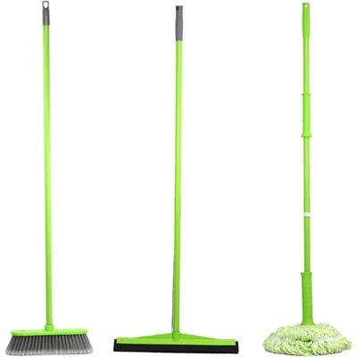 Clean & Care Cleaning Set Combo Indoor Broom Wiper Squeegee Spin Mop All with Iron Stick Long Handle for Home Kitchen Office (Assorted)