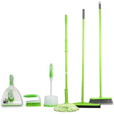 Clean & Care All Home Cleaning Set Broom Wiper Squeegee Spin Mop Toilet Brush with Holder Dustpan with Brush Scrub Brush for Home Kitchen Office Assorted Color