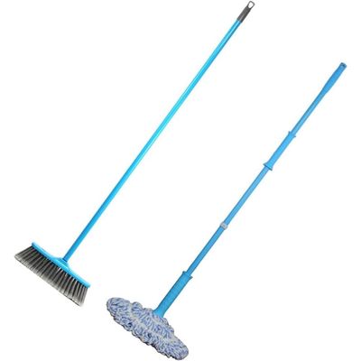 Clean & Care Cleaning Set Combo Indoor Broom Spinning Mop with Iron Stick Long Handle Styiff Bristles Office Home Kitchen (Assorted)