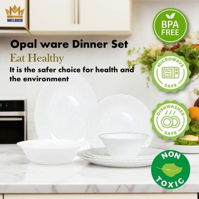 Melrich 50 Piece Opalware Dinnerware Set 6 Dinner plate 6 Dessert Plate 6 Soup Plate 6 Bowl 6+6 Cup & Saucer 6 Soup spoon 2 Shaker 2 Curry Ladle 2 Curry Bowl 1 Serving Plate 1 Serving Bowl