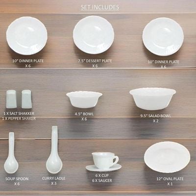 Melrich 50 Piece Opalware Dinnerware Set 6 Dinner plate 6 Dessert Plate 6 Soup Plate 6 Bowl 6+6 Cup & Saucer 6 Soup spoon 2 Shaker 2 Curry Ladle 2 Curry Bowl 1 Serving Plate 1 Serving Bowl