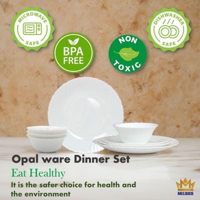 Melrich 27 Piece Opal ware Dinner Set 6 Dinner set, 6 Dessert Plate, 6 Soup Plate, 6 Soup Bowl, 1 Serving Plate, 1 Serving Bowl, 1 Medium Bowl Dishwasher Safe Microwave Safe