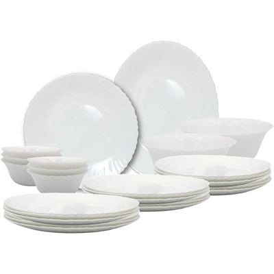 Melrich 27 Piece Opal ware Dinner Set 6 Dinner set, 6 Dessert Plate, 6 Soup Plate, 6 Soup Bowl, 1 Serving Plate, 1 Serving Bowl, 1 Medium Bowl Dishwasher Safe Microwave Safe