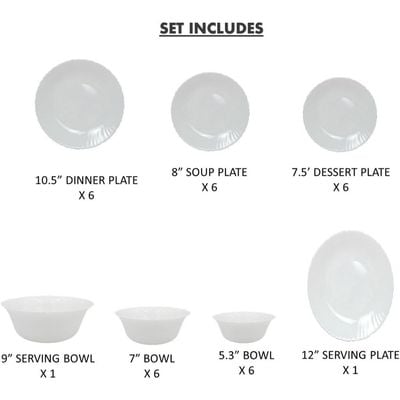 Melrich 27 Piece Opal ware Dinner Set 6 Dinner set, 6 Dessert Plate, 6 Soup Plate, 6 Soup Bowl, 1 Serving Plate, 1 Serving Bowl, 1 Medium Bowl Dishwasher Safe Microwave Safe