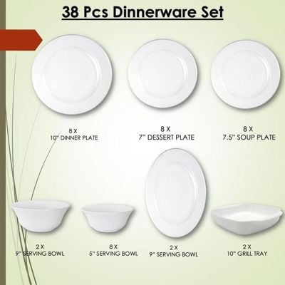 Melrich 38 Pcs Opal ware Dinner Set Dishwasher safe Microwave safe Freezer safe 8 Dinner plate 8 Dessert plate 8 Soup plate 8 bowl 2 Large bowl 2 Serving plate 2 Grill tray BPA free