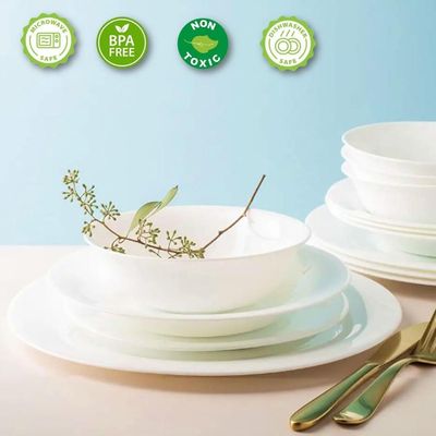 Melrich 38 Pcs Opal ware Dinner Set Dishwasher safe Microwave safe Freezer safe 8 Dinner plate 8 Dessert plate 8 Soup plate 8 bowl 2 Large bowl 2 Serving plate 2 Grill tray BPA free