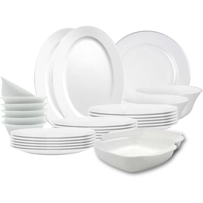 Melrich 38 Pcs Opal ware Dinner Set Dishwasher safe Microwave safe Freezer safe 8 Dinner plate 8 Dessert plate 8 Soup plate 8 bowl 2 Large bowl 2 Serving plate 2 Grill tray BPA free