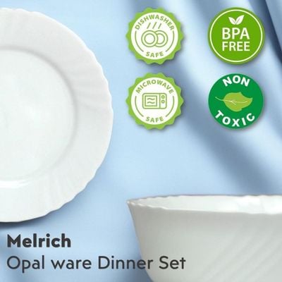 Melrich 38 Piece Opalware Dinner Set 8 Dinner Plate, 8 Dessert Plate, 8 Soup Plate, 8 Bowl, 2 Serving plate, 2 Serving bowl, 2 Medium Bowl Dishwasher safe, Microwave safe