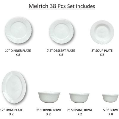 Melrich 38 Piece Opalware Dinner Set 8 Dinner Plate, 8 Dessert Plate, 8 Soup Plate, 8 Bowl, 2 Serving plate, 2 Serving bowl, 2 Medium Bowl Dishwasher safe, Microwave safe