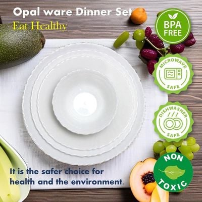 Melrich 38 Piece Opalware Dinner Set 8 Dinner Plate, 8 Dessert Plate, 8 Soup Plate, 8 Bowl, 2 Serving Plate, 2 Serving Bowl, 2 Medium Bowl Microwave Safe Scratch Resistance