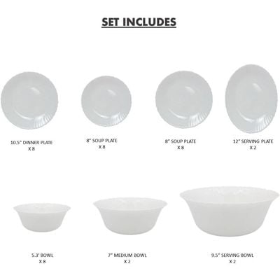 Melrich 38 Piece Opalware Dinner Set 8 Dinner Plate, 8 Dessert Plate, 8 Soup Plate, 8 Bowl, 2 Serving Plate, 2 Serving Bowl, 2 Medium Bowl Microwave Safe Scratch Resistance