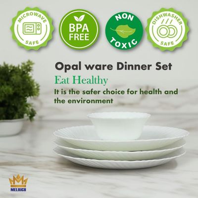 Melrich 26 piece Opalware Dinner set 6 Dinner plate, 6 Dessert plate, 6 Bowls, 6 Soup plate 1 Serving bowl, 1 Serving plate Dishwasher safe Microwave Safe