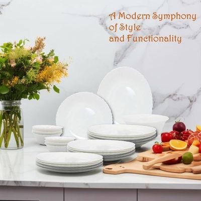 Melrich 26 piece Opalware Dinner set 6 Dinner plate, 6 Dessert plate, 6 Bowls, 6 Soup plate 1 Serving bowl, 1 Serving plate Dishwasher safe Microwave Safe