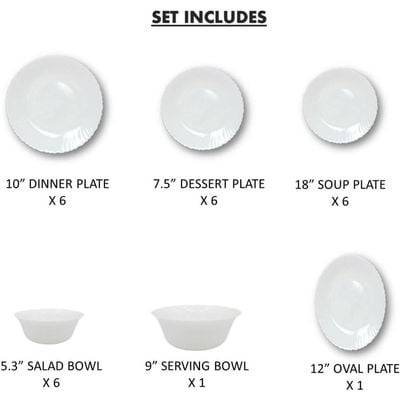 Melrich 26 piece Opalware Dinner set 6 Dinner plate, 6 Dessert plate, 6 Bowls, 6 Soup plate 1 Serving bowl, 1 Serving plate Dishwasher safe Microwave Safe