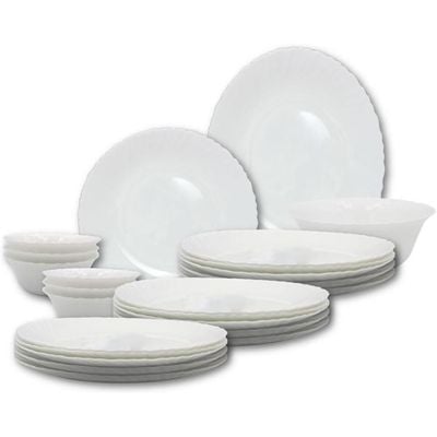 Melrich 26 piece Opalware Dinner set 6 Dinner plate, 6 Dessert plate, 6 Bowls, 6 Soup plate 1 Serving bowl, 1 Serving plate Dishwasher safe Microwave Safe