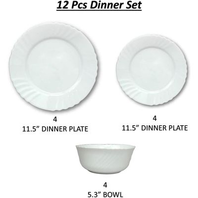 Melrich 12 Piece Opal ware Dinner Set Dishwasher Safe Microwave Safe BPA Free Dinner Plate Dessert Plate Serving Bowl Medium and Soup Bowl Serving Plate