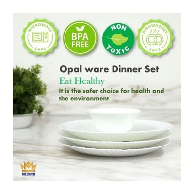 Melrich 12 Piece Opal ware Dinner Set Dishwasher Safe Microwave Safe BPA Free Dinner Plate Dessert Plate Serving Bowl Medium and Soup Bowl Serving Plate