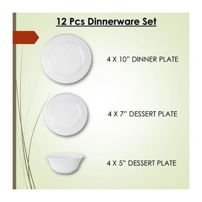 Melrich 12 Piece Opal ware Dinner Set Dishwasher Safe Microwave Safe BPA Free Dinner Plate Dessert Plate Serving Bowl Medium and Soup Bowl Serving Plate