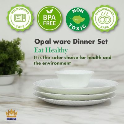 Melrich 26 Pcs Opal ware Dinner set 6 Dinner plate 6 Dessert Plate 6 Soup Plate 6 Bowl 1 Oval Plate 1 Serving Bowl Dishwasher Microwave Safe