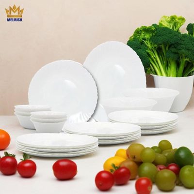 Melrich 27 Pcs Opal ware Dinner Set 6 Dinner plate, 6 Dessert plate, 6 Soup plate, 6 Bowl, 1 Medium & 1 Large Bowl 1 Serving Plate Dishwasher safe Microwave safe Scratch Resistance