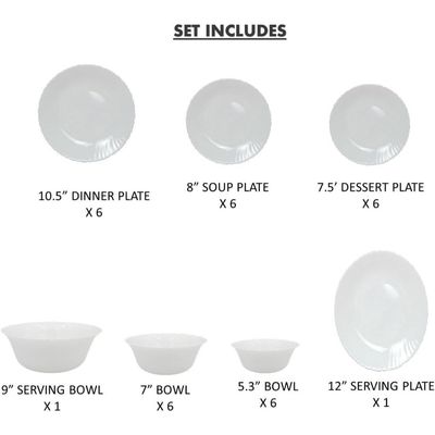 Melrich 27 Pcs Opal ware Dinner Set 6 Dinner plate, 6 Dessert plate, 6 Soup plate, 6 Bowl, 1 Medium & 1 Large Bowl 1 Serving Plate Dishwasher safe Microwave safe Scratch Resistance