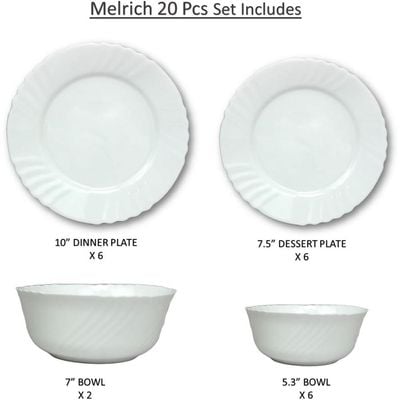 Melrich 20 Pcs Dinner set 6 Dinner Plate 6 Dessert Plate 6 Bowl 2 Serving Bowl Dishwasher Microwave Safe Scratch Heat Resistance Easy to Clean