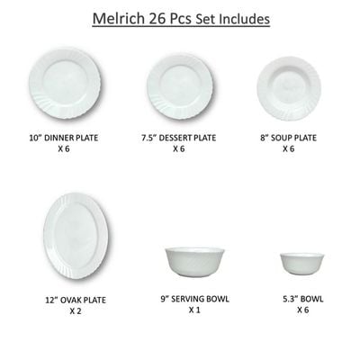 Melrich 27 Piece Dinner set 6 Dinner plate, 6 Dessert plate, 6 Soup plate, 6 Bowl, 2 Serving Plate, 1 Serving Bowl Dishwasher Microwave safe Scratch Resistance