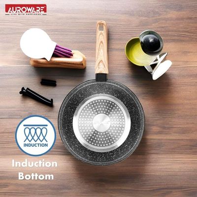 Auroware Non Stick 26cm Wok Pan with Glass Lid Forged Aluminium, Black, Induction Bottom, Dishwasher safe, 3 Layer Coating, Kitchen Cooking Healthy and Safe