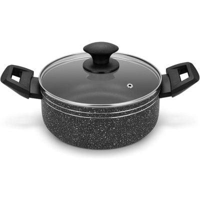 Auroware Non Stick 28cm Casserole with Glass Lid, Black, Pressed Aluminium, Dishwasher safe, Durable and Strong Handle