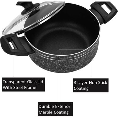 Auroware Non Stick 28cm Casserole with Glass Lid, Black, Pressed Aluminium, Dishwasher safe, Durable and Strong Handle