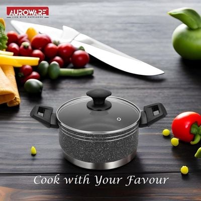 Auroware Non Stick 28cm Casserole with Glass Lid, Black, Pressed Aluminium, Dishwasher safe, Durable and Strong Handle