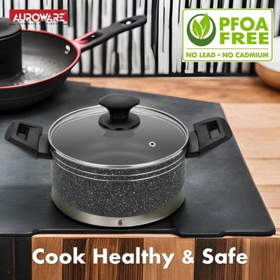 Auroware Non Stick 26cm Casserole with Glass Lid, Black, Pressed Aluminium, Dishwasher safe, Durable and Strong Handle