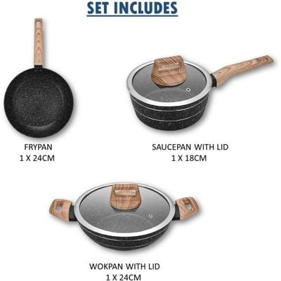 Auroware 5 Piece Non Stick Cookware Set, Forged Aluminium, Frying pan, Saucepan with Lid, Wok pan with Lid, Dishwasher Safe, PFOA Free, Durable and Strong Frypan