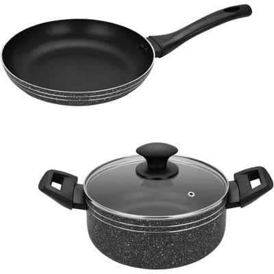 Auroware Non Stick Pack of 2 Frying Pan and Casserole with Lid Pressed Aluminium Dishwasher Safe, Strong and Durable PFOA Free frypan