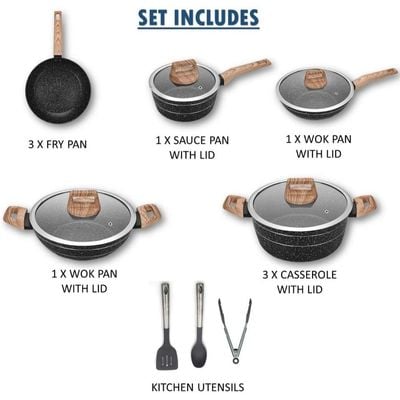 Auroware 18 Piece Non Stick Cookware Set Forged Aluminium, Frypan, Casserole with Lid, Wok Pan with Lid, Saucepan with Lid and Kitchen Utensils, Dishwasher Safe