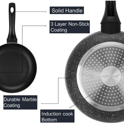 Auroware 26CM Non-Stick Cm Round Fry Pan Black, Long lasting Aluminum Durable Three Layer Coating, Induction Cook Bottom, Strong Handle