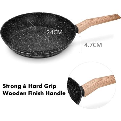 Auroware 24CM Non Stick Fry pan Black, Forged Aluminium, 3 Layer Marble Coating, Kitchen Dishwasher Safe, PFOA Free, Healthy cook and Safe