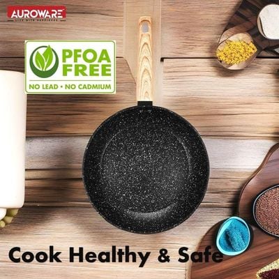 Auroware 24CM Non Stick Fry pan Black, Forged Aluminium, 3 Layer Marble Coating, Kitchen Dishwasher Safe, PFOA Free, Healthy cook and Safe