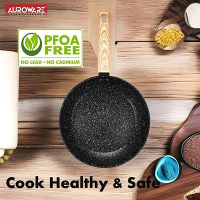 Auroware 24CM Non Stick Fry pan Black, Forged Aluminium, 3 Layer Marble Coating, Kitchen Dishwasher Safe, PFOA Free, Healthy cook and Safe