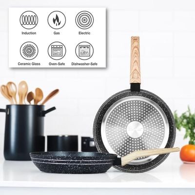 Auroware 28CM Non Stick Fry pan Black, Forged Aluminium, 3 Layer Marble Coating, Kitchen Dishwasher Safe, PFOA Free, Healthy cook and Safe