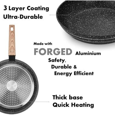 Auroware 28CM Non Stick Fry pan Black, Forged Aluminium, 3 Layer Marble Coating, Kitchen Dishwasher Safe, PFOA Free, Healthy cook and Safe