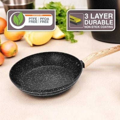 Auroware 28CM Non Stick Fry pan Black, Forged Aluminium, 3 Layer Marble Coating, Kitchen Dishwasher Safe, PFOA Free, Healthy cook and Safe