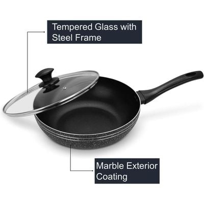 Auroware 26 cm Non-Stick Aluminium Wok Pan with Lid Black Aluminium Marble Coting Side Three layer Non stick coating Strong Handle