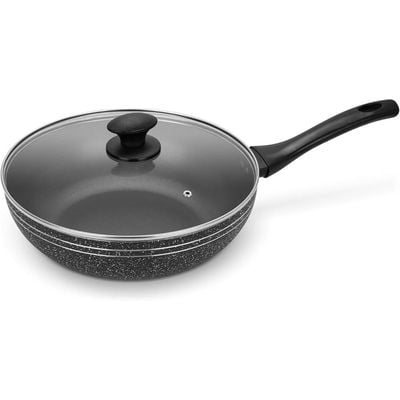 Auroware 26 cm Non-Stick Aluminium Wok Pan with Lid Black Aluminium Marble Coting Side Three layer Non stick coating Strong Handle