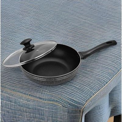 Auroware 26 cm Non-Stick Aluminium Wok Pan with Lid Black Aluminium Marble Coting Side Three layer Non stick coating Strong Handle