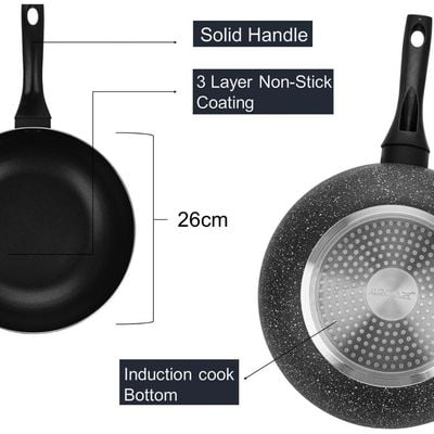 Auroware 26 cm Non-Stick Aluminium Wok Pan with Lid Black Aluminium Marble Coting Side Three layer Non stick coating Strong Handle