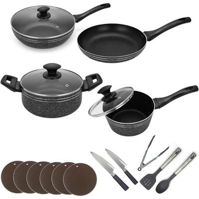 Auroware 18 Piece Non Stick Cookware Ser Induction Bottom PFOA Free Frying pan Casserole with Lid Sauce Pan with Lid Wok pan with Lid Table Mat Knife Kitchen Utensils