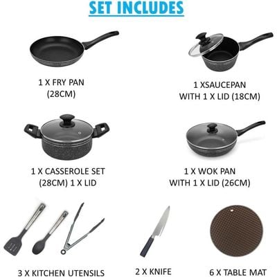 Auroware 18 Piece Non Stick Cookware Ser Induction Bottom PFOA Free Frying pan Casserole with Lid Sauce Pan with Lid Wok pan with Lid Table Mat Knife Kitchen Utensils